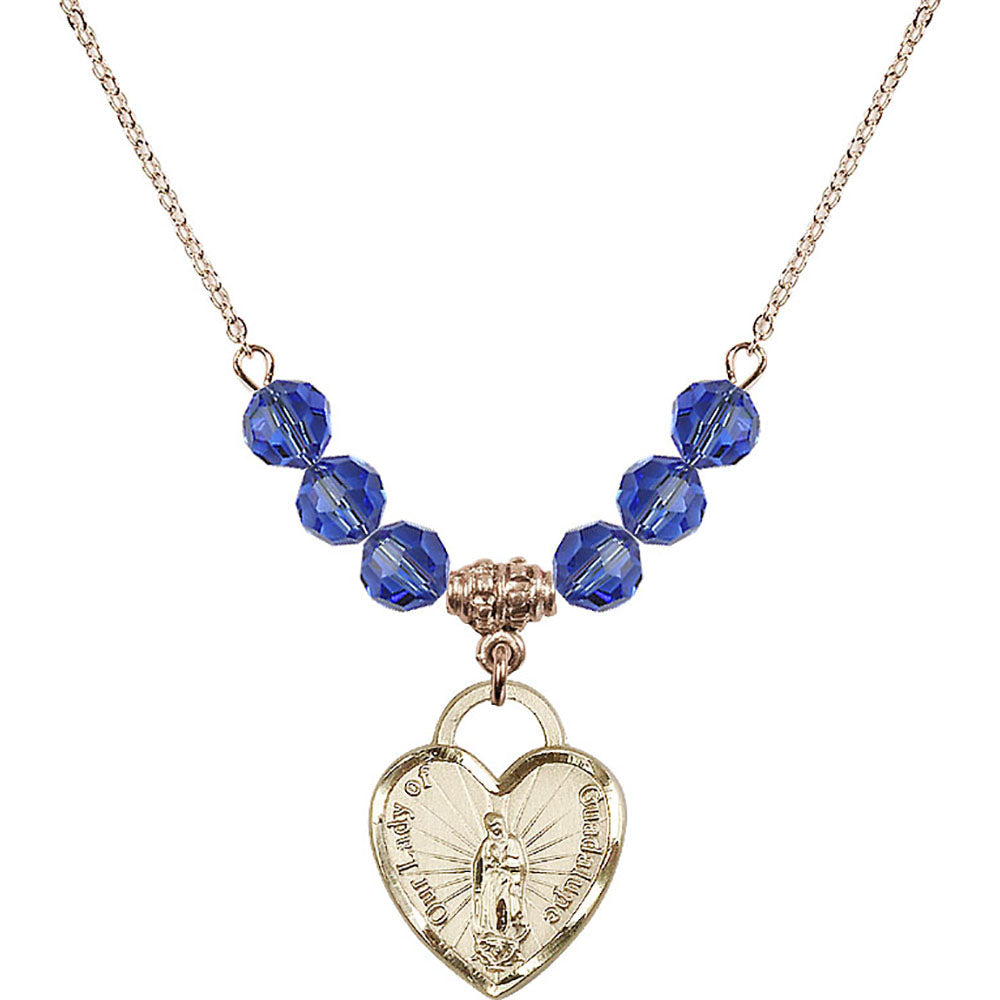 14kt Gold Filled Our Lady of Guadalupe Heart / Recuerdo Birthstone Necklace with Sapphire Beads - 3209