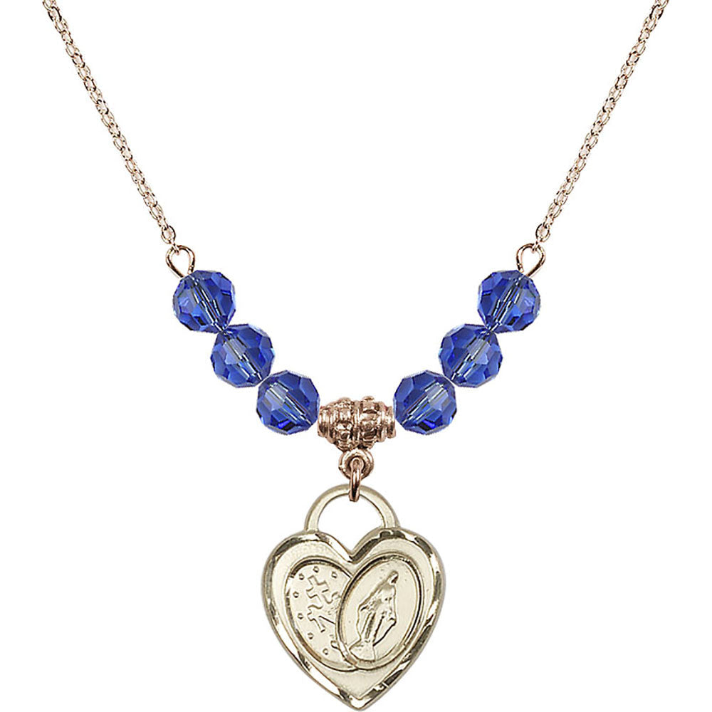 14kt Gold Filled Miraculous Heart Birthstone Necklace with Sapphire Beads - 3212