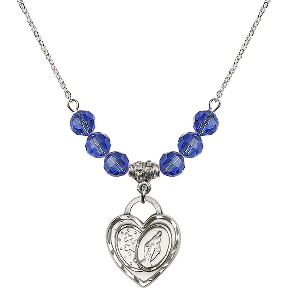 Sterling Silver Miraculous Heart Birthstone Necklace with Sapphire Beads - 3212