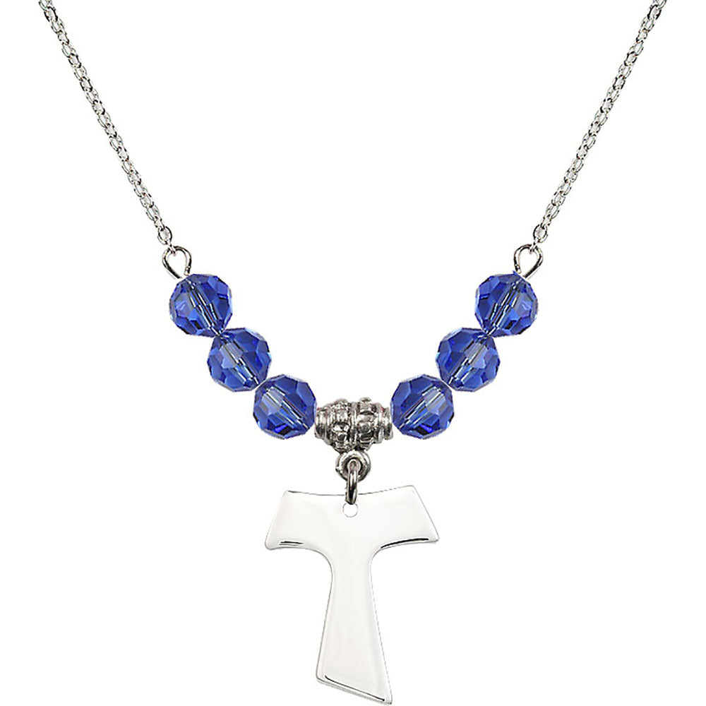 Sterling Silver Tau Cross Birthstone Necklace with Sapphire Beads - 3948