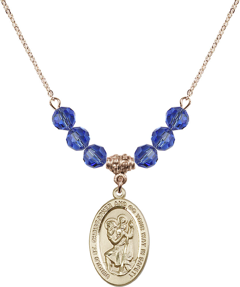 14kt Gold Filled Saint Christopher Birthstone Necklace with Sapphire Beads - 4123