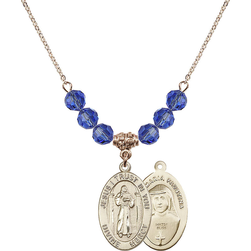 14kt Gold Filled Divine Mercy Birthstone Necklace with Sapphire Beads - 4123