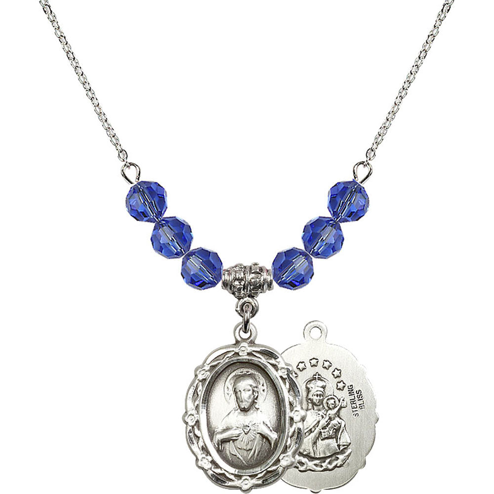 Sterling Silver Scapular Birthstone Necklace with Sapphire Beads - 4146