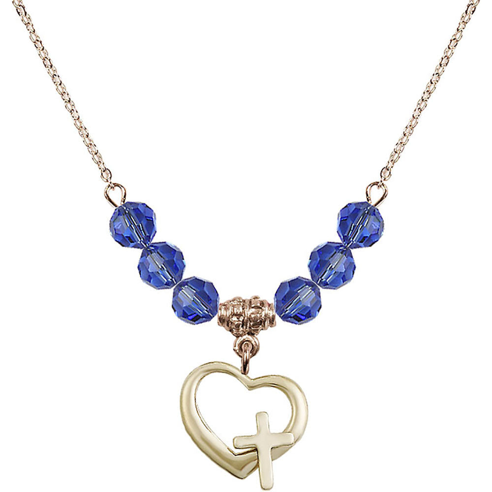 14kt Gold Filled Heart / Cross Birthstone Necklace with Sapphire Beads - 4207