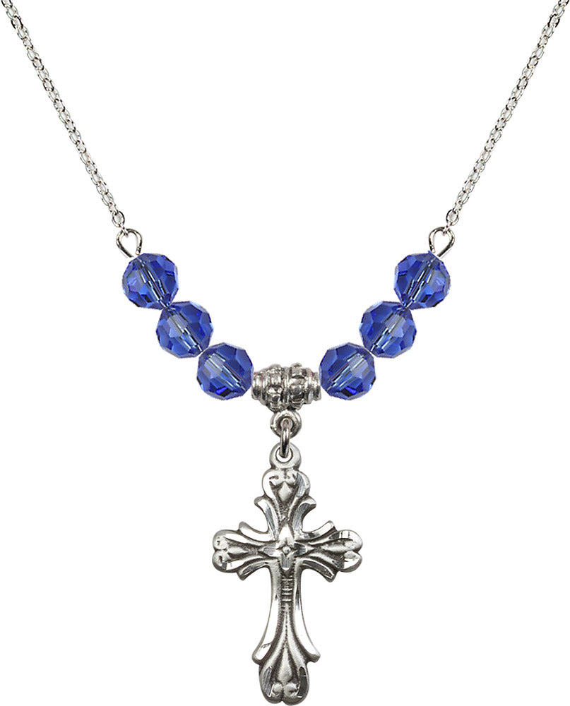 Sterling Silver Cross Birthstone Necklace with Sapphire Beads - 5419