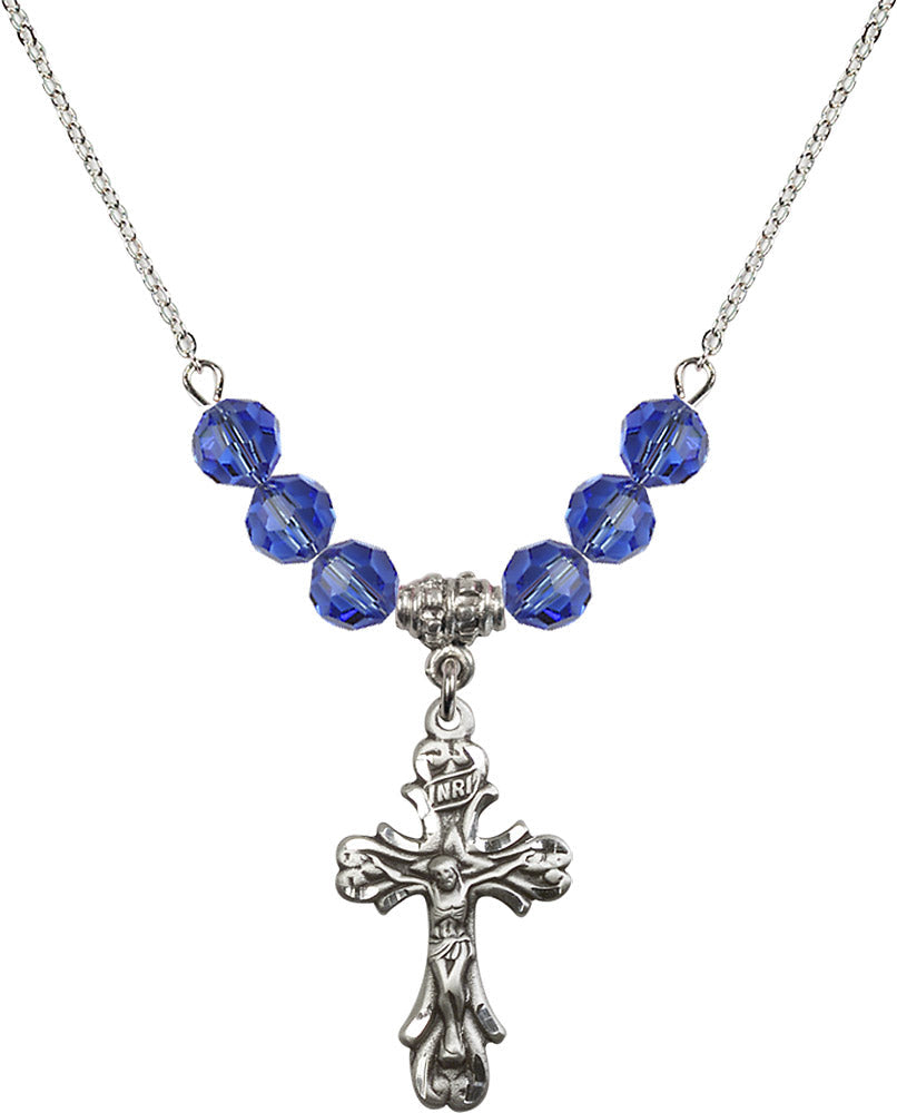 Sterling Silver Crucifix Birthstone Necklace with Sapphire Beads - 5421