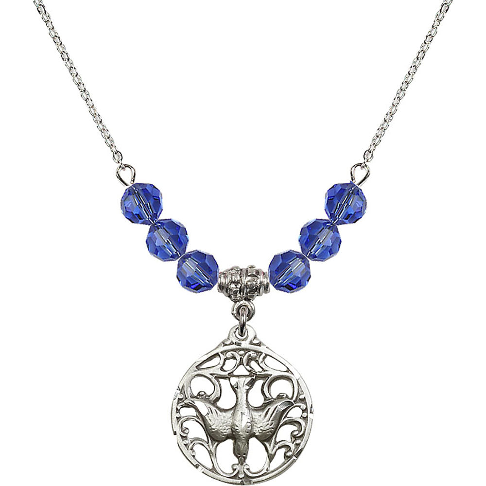 Sterling Silver Holy Spirit Birthstone Necklace with Sapphire Beads - 5655