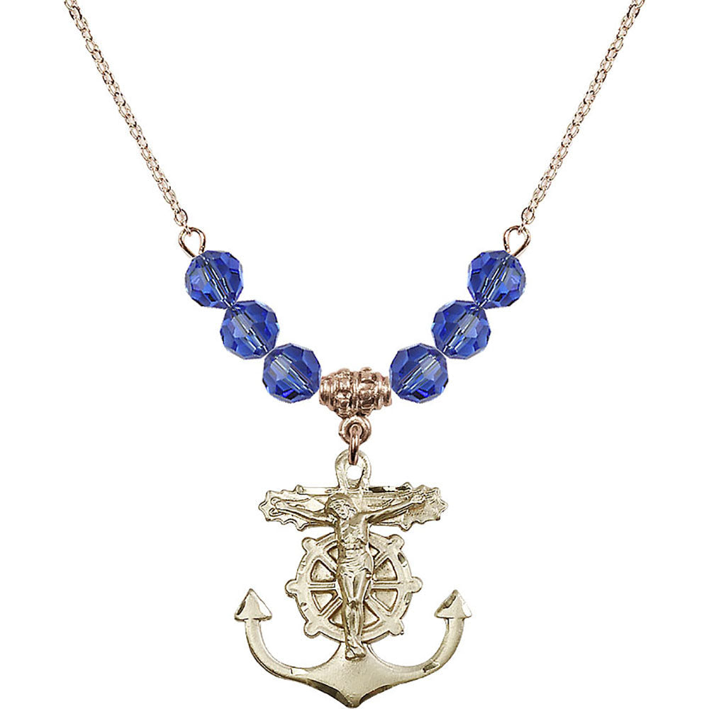14kt Gold Filled Anchor Crucifix Birthstone Necklace with Sapphire Beads - 5685