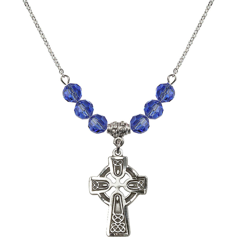 Sterling Silver Celtic Cross Birthstone Necklace with Sapphire Beads - 5689