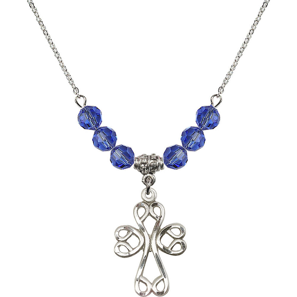 Sterling Silver Scroll Cross Birthstone Necklace with Sapphire Beads - 5998