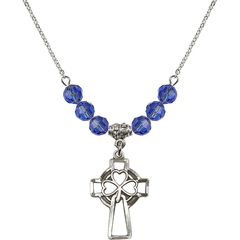 Sterling Silver Shamrock Cross Birthstone Necklace with Sapphire Beads - 5999