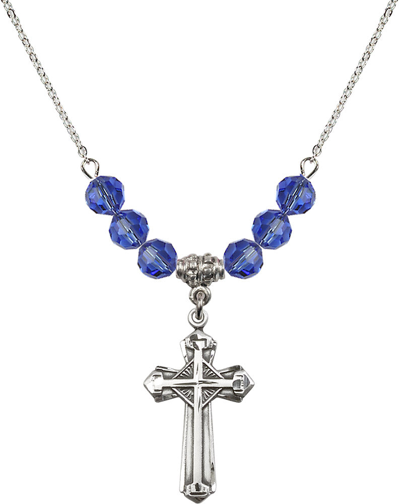 Sterling Silver Cross Birthstone Necklace with Sapphire Beads - 6012