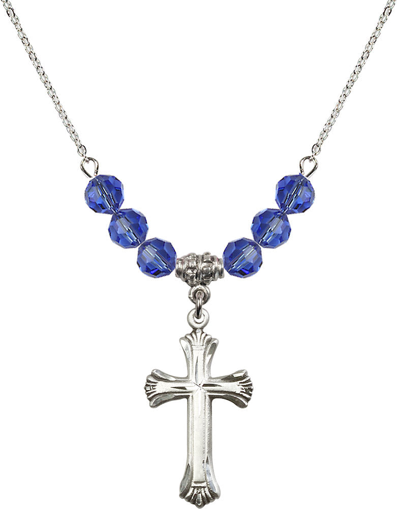 Sterling Silver Cross Birthstone Necklace with Sapphire Beads - 6013