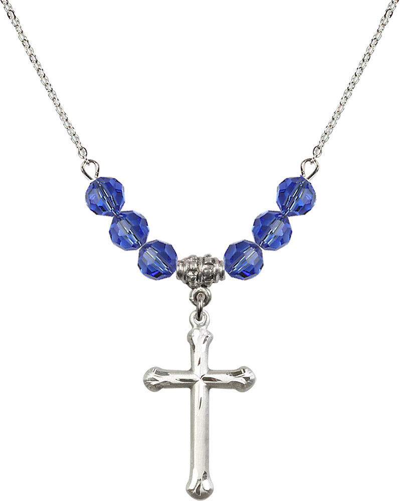 Sterling Silver Cross Birthstone Necklace with Sapphire Beads - 6022