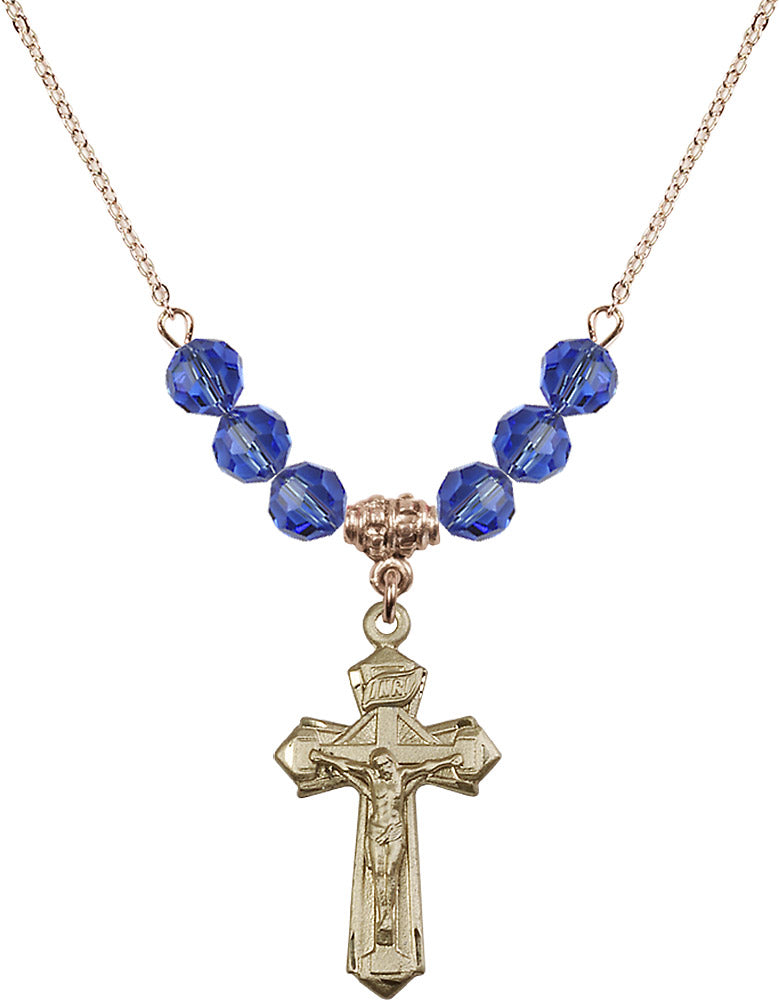 14kt Gold Filled Crucifix Birthstone Necklace with Sapphire Beads - 6092