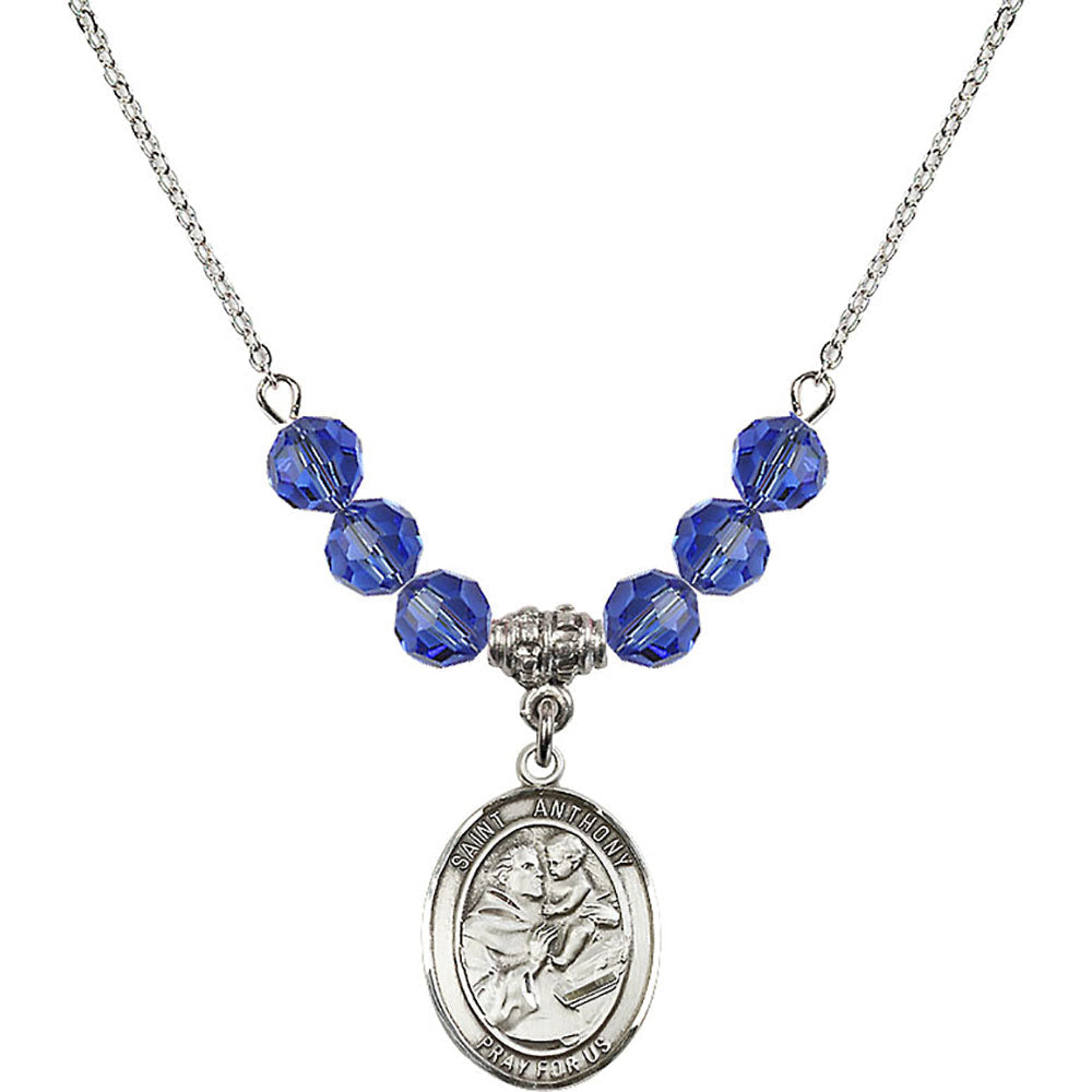 Sterling Silver Saint Anthony of Padua Birthstone Necklace with Sapphire Beads - 8004