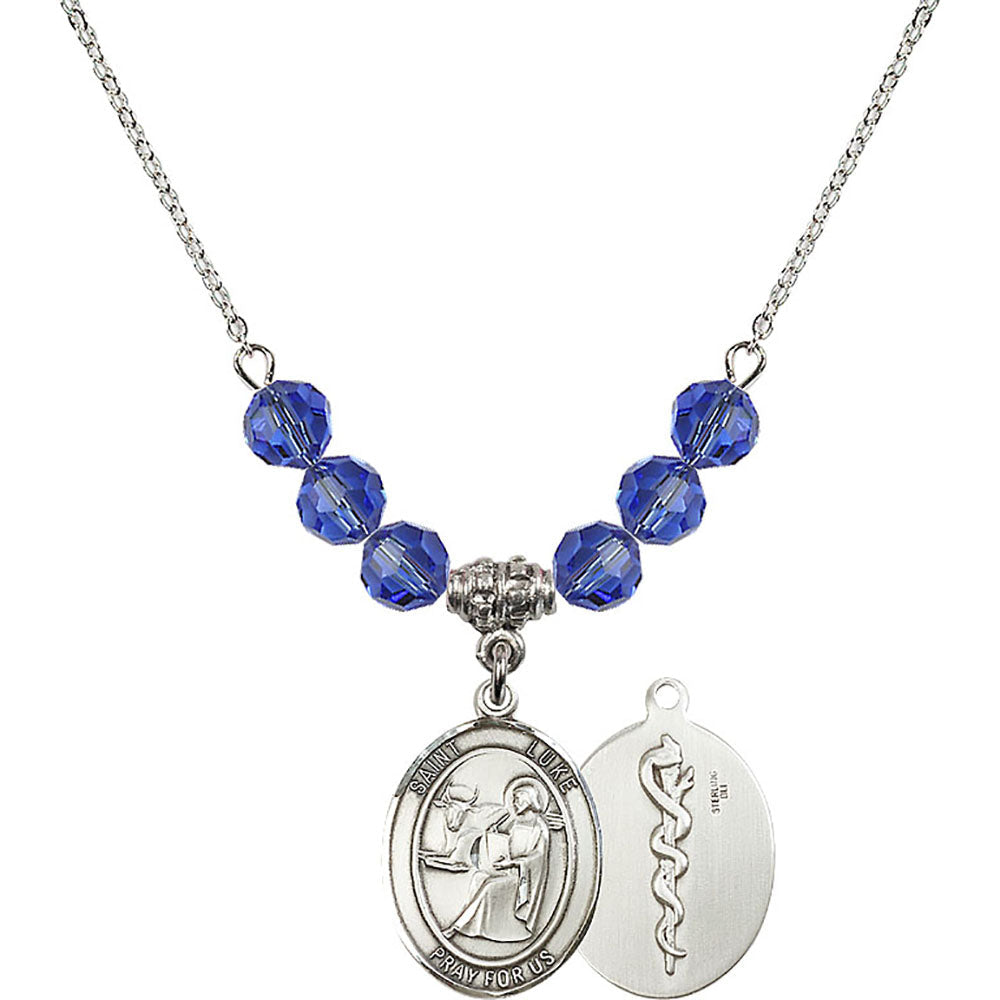 Sterling Silver Saint Luke the Apostle / Doctor Birthstone Necklace with Sapphire Beads - 8068
