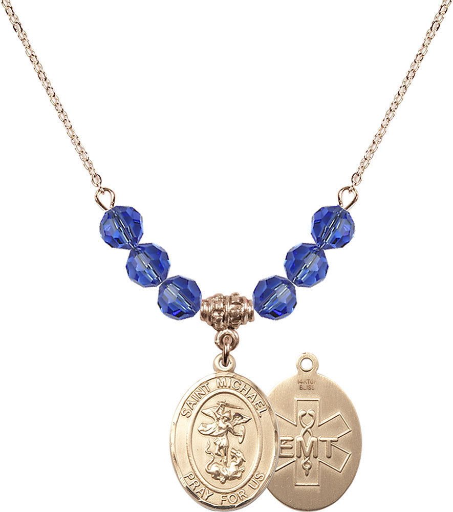 14kt Gold Filled Saint Michael / EMT Birthstone Necklace with Sapphire Beads - 8076