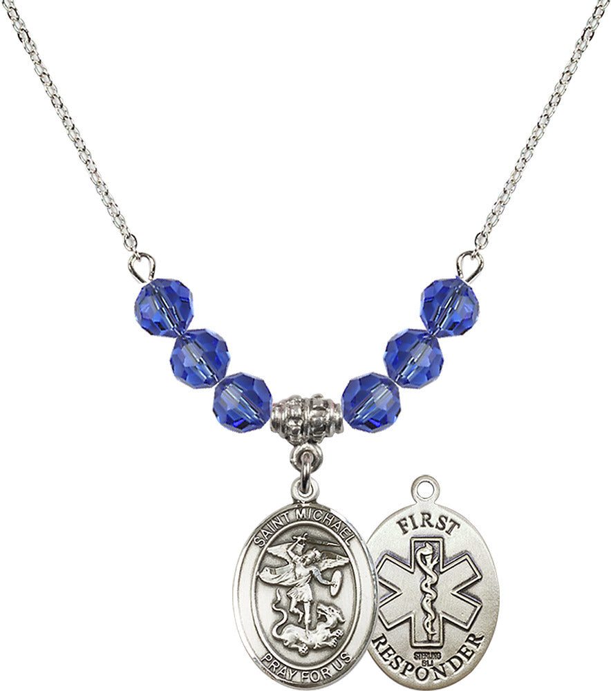 Sterling Silver Saint Michael/1St Responder Birthstone Necklace with Sapphire Beads - 8076