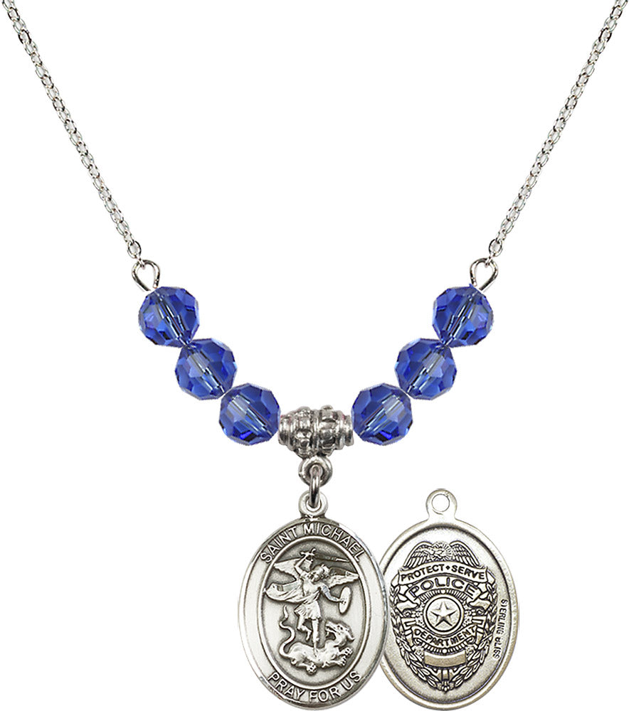 Sterling Silver Saint Michael / Policeman Birthstone Necklace with Sapphire Beads - 8076