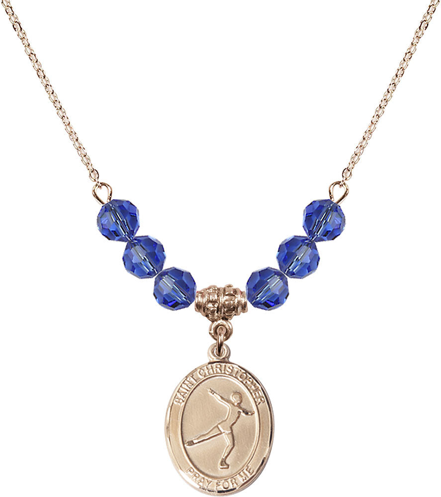 14kt Gold Filled Saint Christopher/Figure Skating Birthstone Necklace with Sapphire Beads - 8139