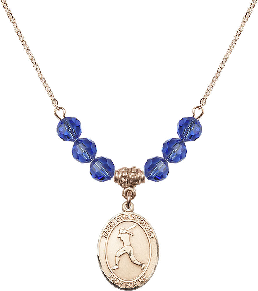 14kt Gold Filled Saint Christopher/Softball Birthstone Necklace with Sapphire Beads - 8145
