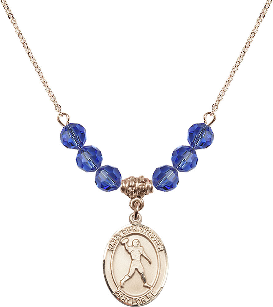 14kt Gold Filled Saint Christopher/Football Birthstone Necklace with Sapphire Beads - 8151