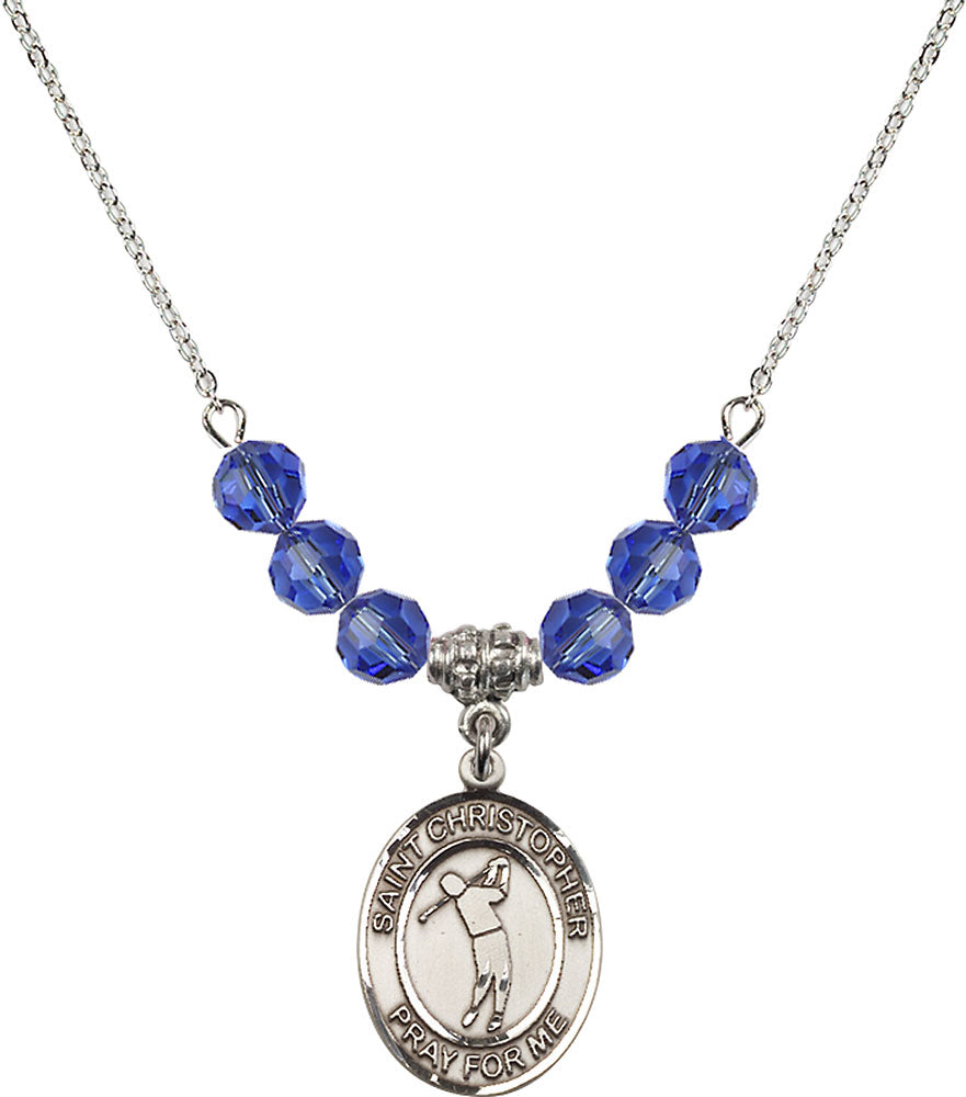 Sterling Silver Saint Christopher/Golf Birthstone Necklace with Sapphire Beads - 8152