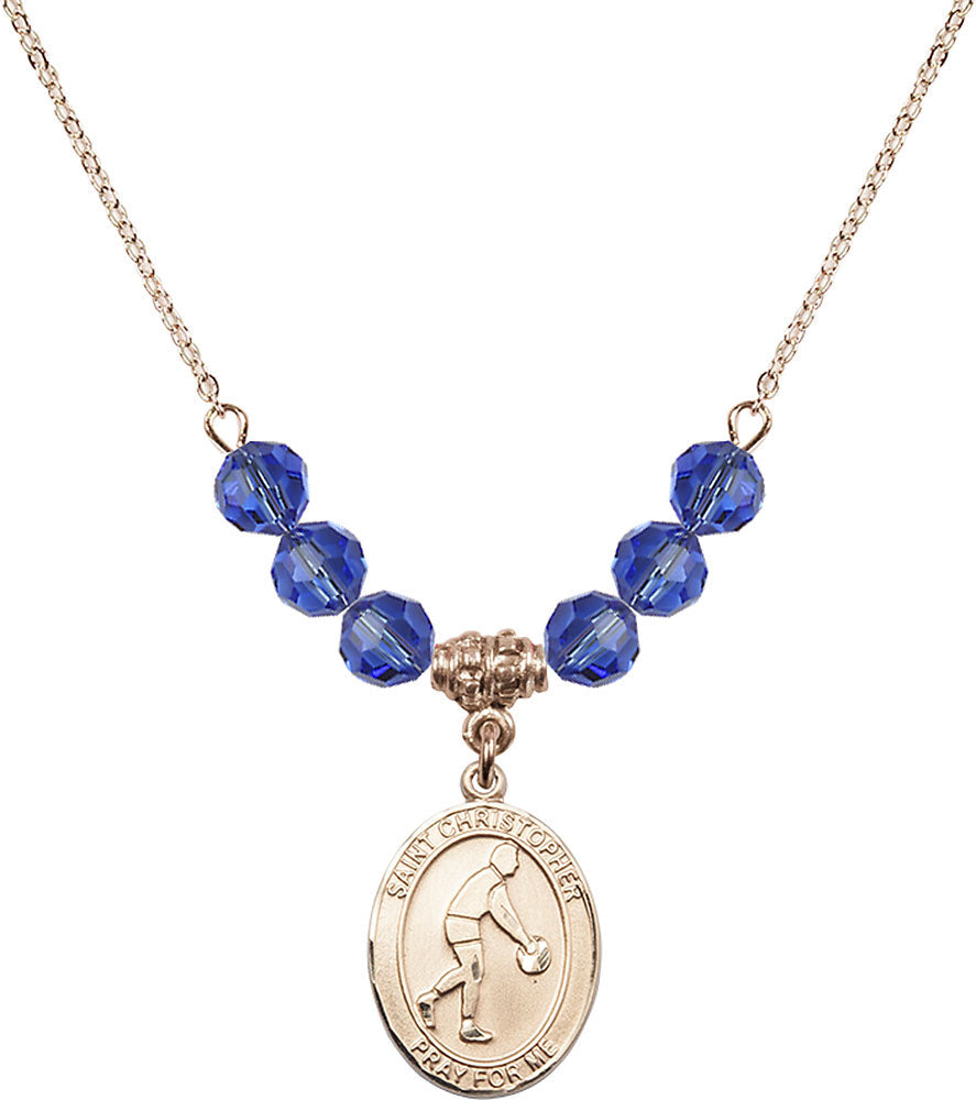 14kt Gold Filled Saint Christopher/Basketball Birthstone Necklace with Sapphire Beads - 8153