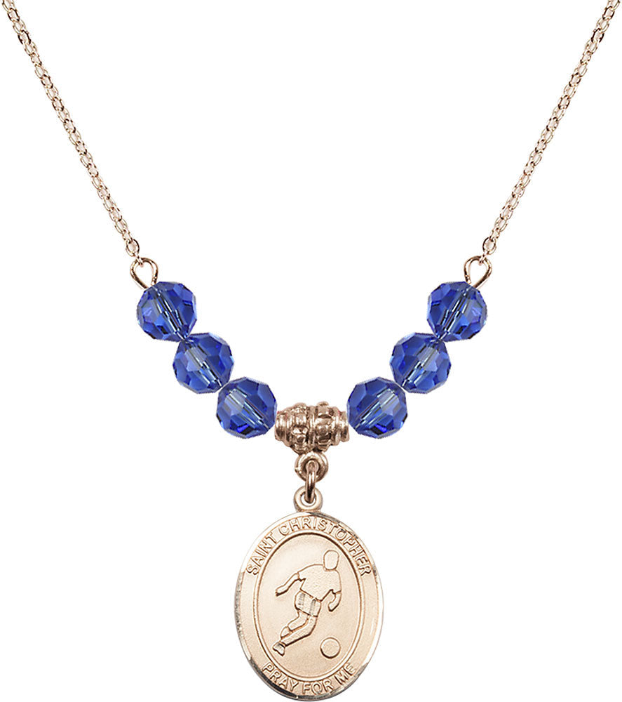 14kt Gold Filled Saint Christopher/Soccer Birthstone Necklace with Sapphire Beads - 8154