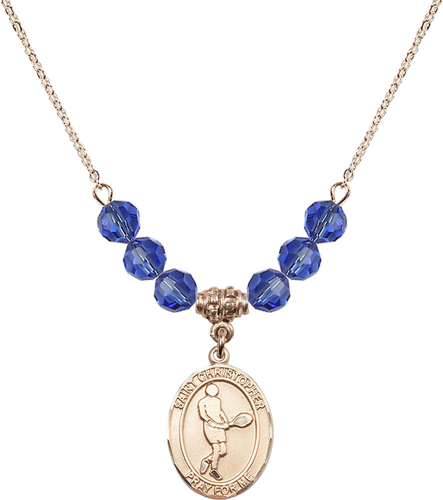 14kt Gold Filled Saint Christopher/Tennis Birthstone Necklace with Sapphire Beads - 8156