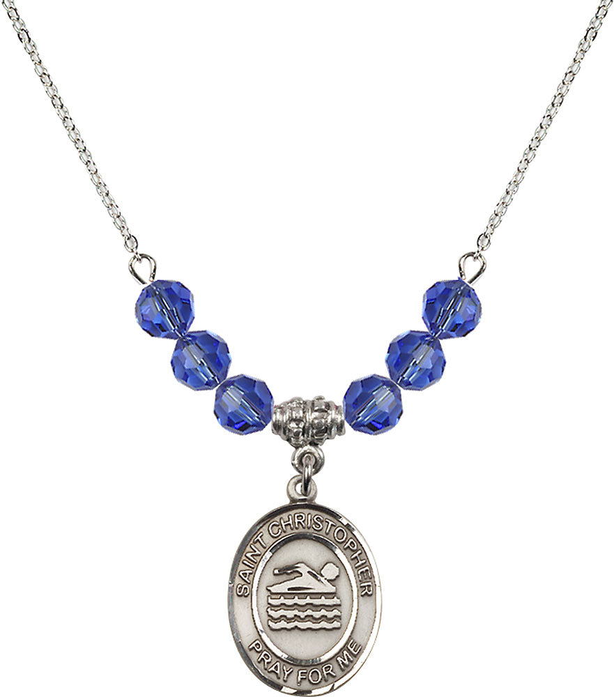 Sterling Silver Saint Christopher/Swimming Birthstone Necklace with Sapphire Beads - 8157