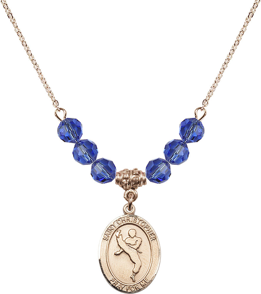 14kt Gold Filled Saint Christopher/Martial Arts Birthstone Necklace with Sapphire Beads - 8158