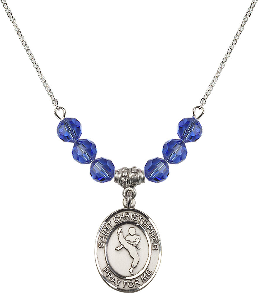 Sterling Silver Saint Christopher/Martial Arts Birthstone Necklace with Sapphire Beads - 8158