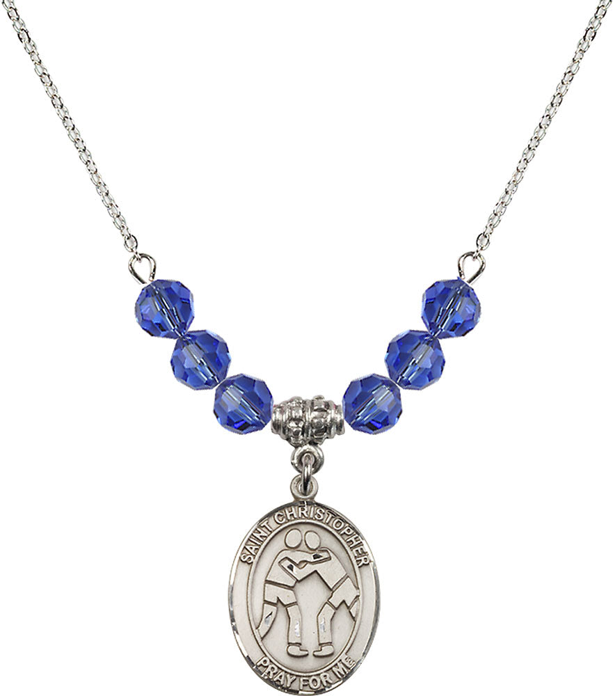Sterling Silver Saint Christopher/Wrestling Birthstone Necklace with Sapphire Beads - 8159