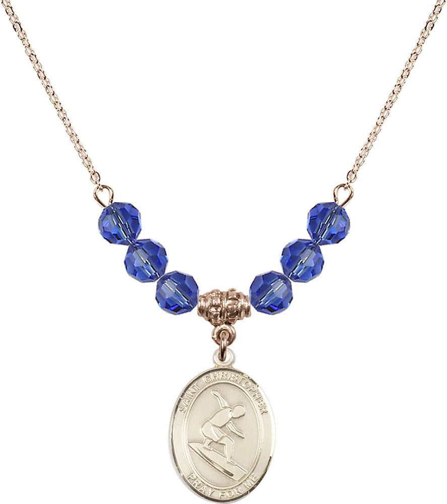 14kt Gold Filled Saint Christopher/Surfing Birthstone Necklace with Sapphire Beads - 8184