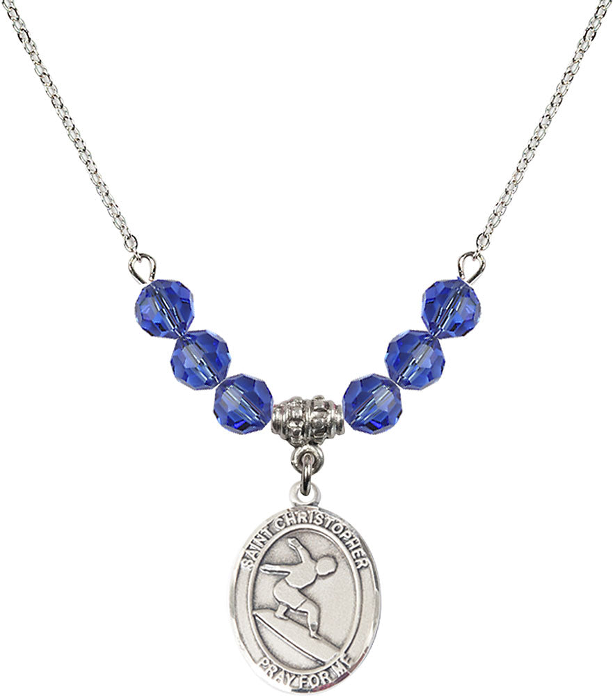 Sterling Silver Saint Christopher/Surfing Birthstone Necklace with Sapphire Beads - 8184