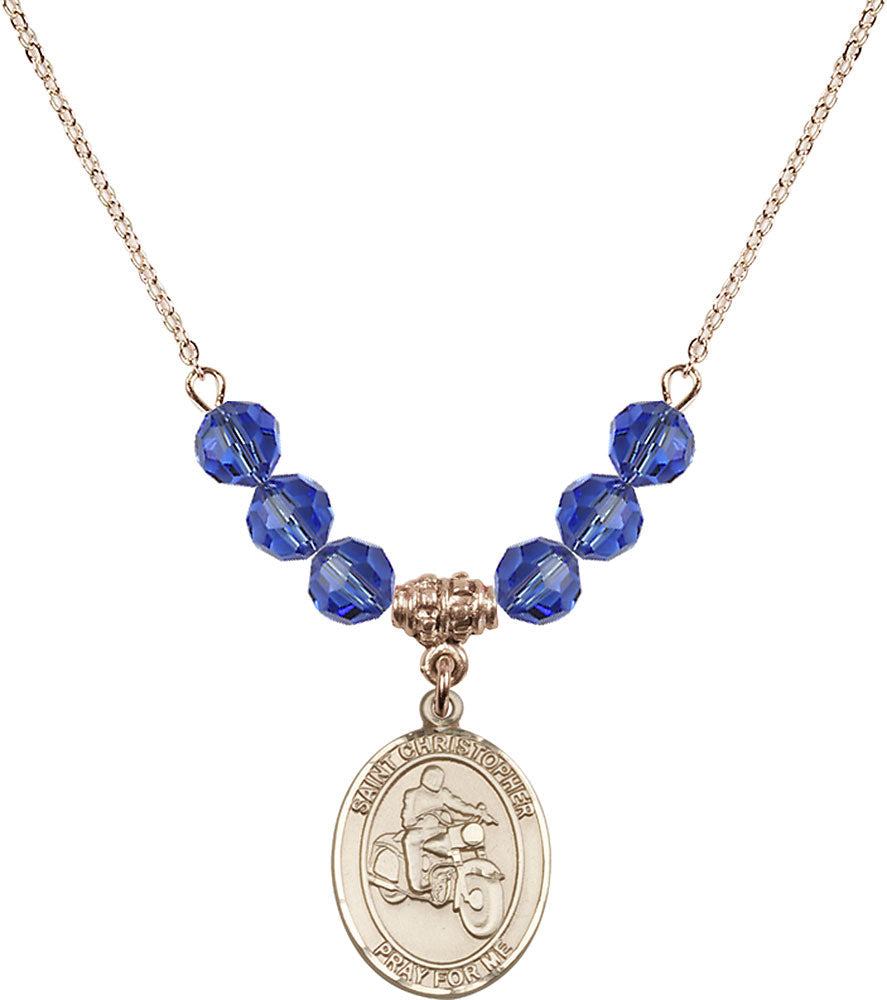 14kt Gold Filled Saint Christopher/Motorcycle Birthstone Necklace with Sapphire Beads - 8185