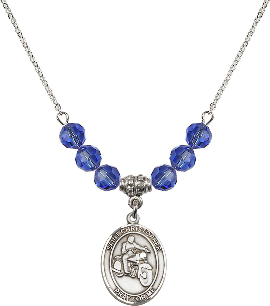 Sterling Silver Saint Christopher/Motorcycle Birthstone Necklace with Sapphire Beads - 8185