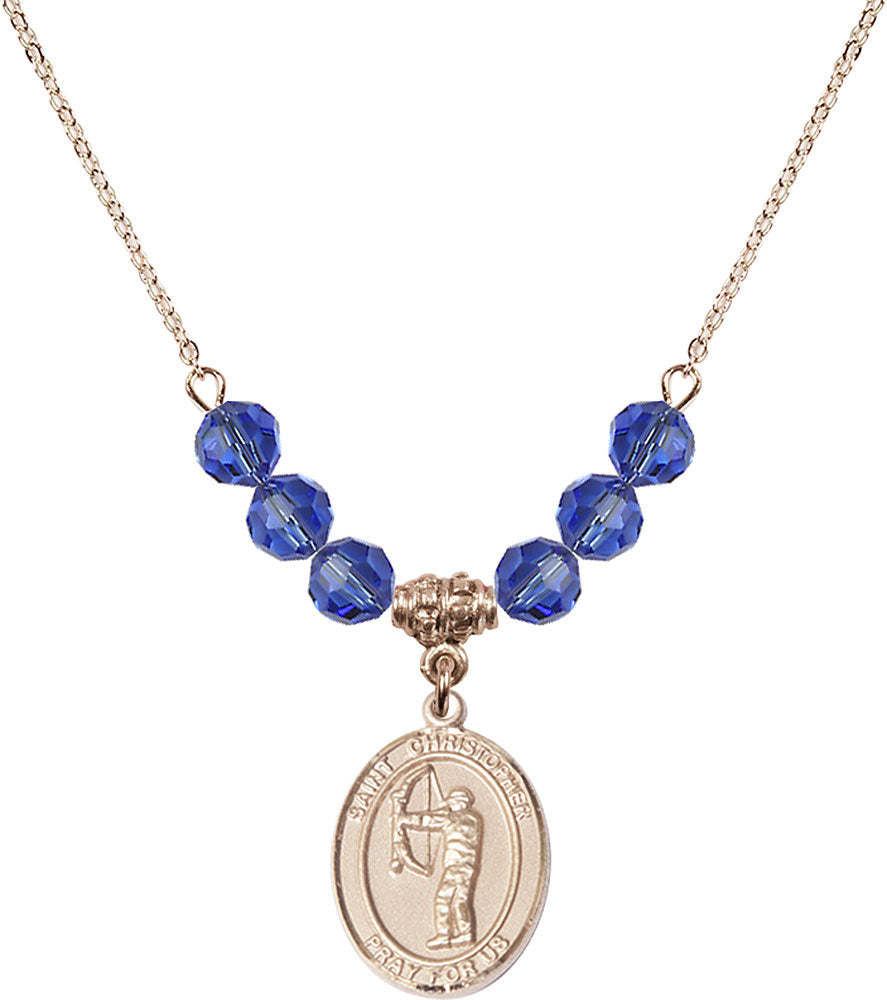 14kt Gold Filled Saint Christopher/Archery Birthstone Necklace with Sapphire Beads - 8190