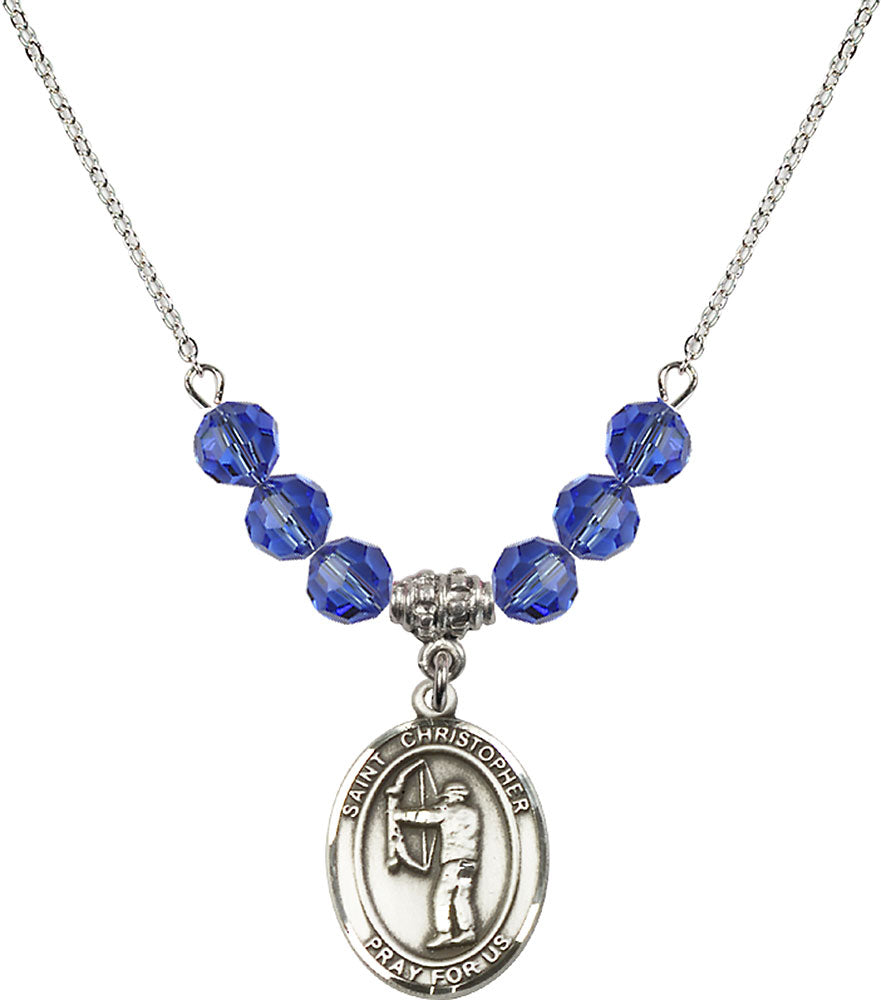 Sterling Silver Saint Christopher/Archery Birthstone Necklace with Sapphire Beads - 8190