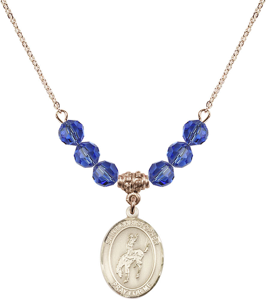 14kt Gold Filled Saint Christopher / Rodeo Birthstone Necklace with Sapphire Beads - 8192