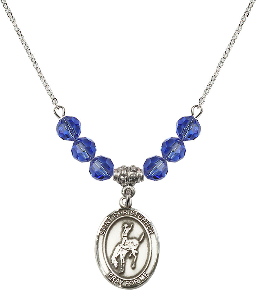 Sterling Silver Saint Christopher / Rodeo Birthstone Necklace with Sapphire Beads - 8192