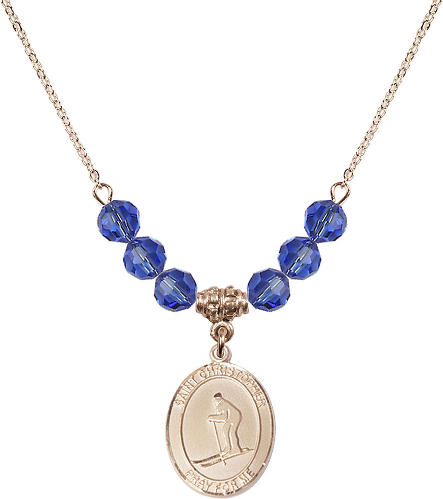 14kt Gold Filled Saint Christopher / Skiing Birthstone Necklace with Sapphire Beads - 8193