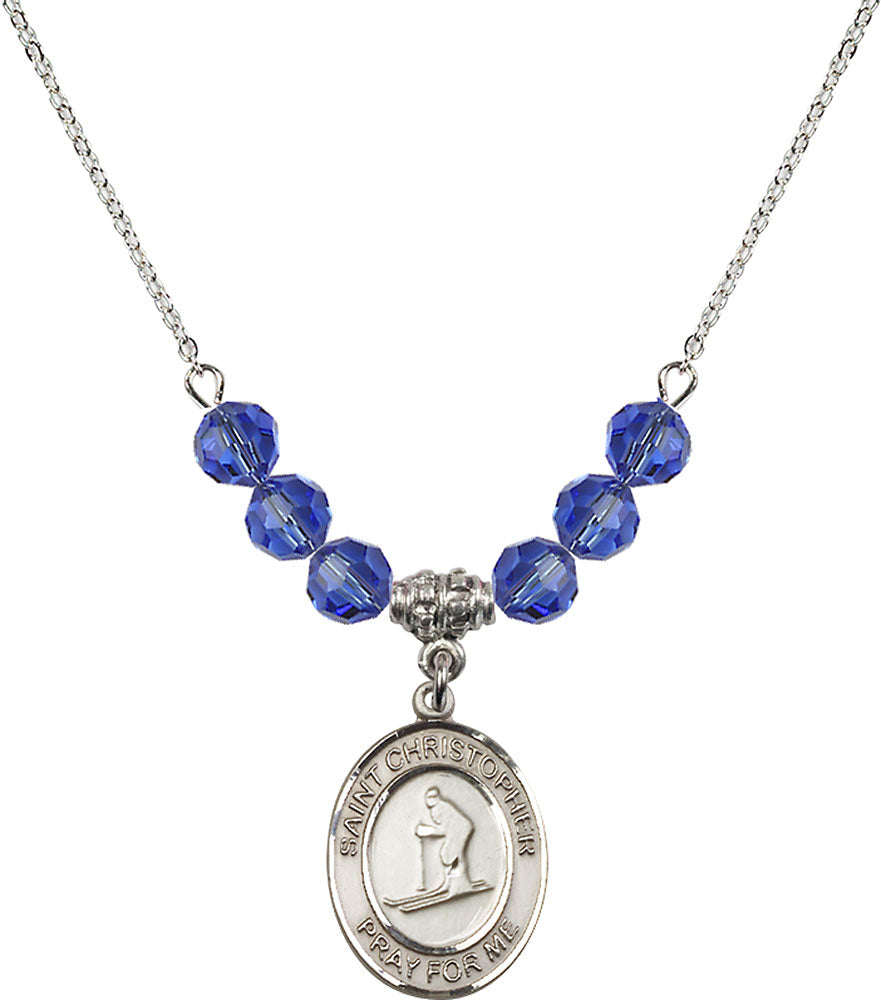 Sterling Silver Saint Christopher / Skiing Birthstone Necklace with Sapphire Beads - 8193