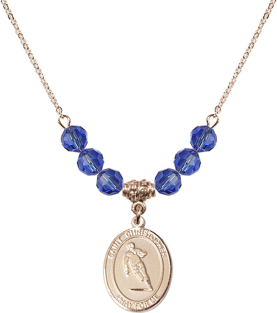 14kt Gold Filled Saint Christopher / Rugby Birthstone Necklace with Sapphire Beads - 8194