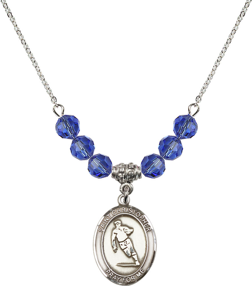 Sterling Silver Saint Christopher / Rugby Birthstone Necklace with Sapphire Beads - 8194