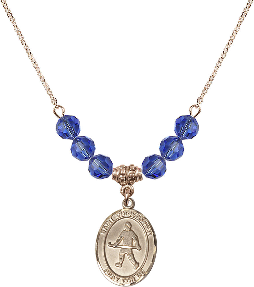14kt Gold Filled Saint Christopher / Field Hockey Birthstone Necklace with Sapphire Beads - 8195