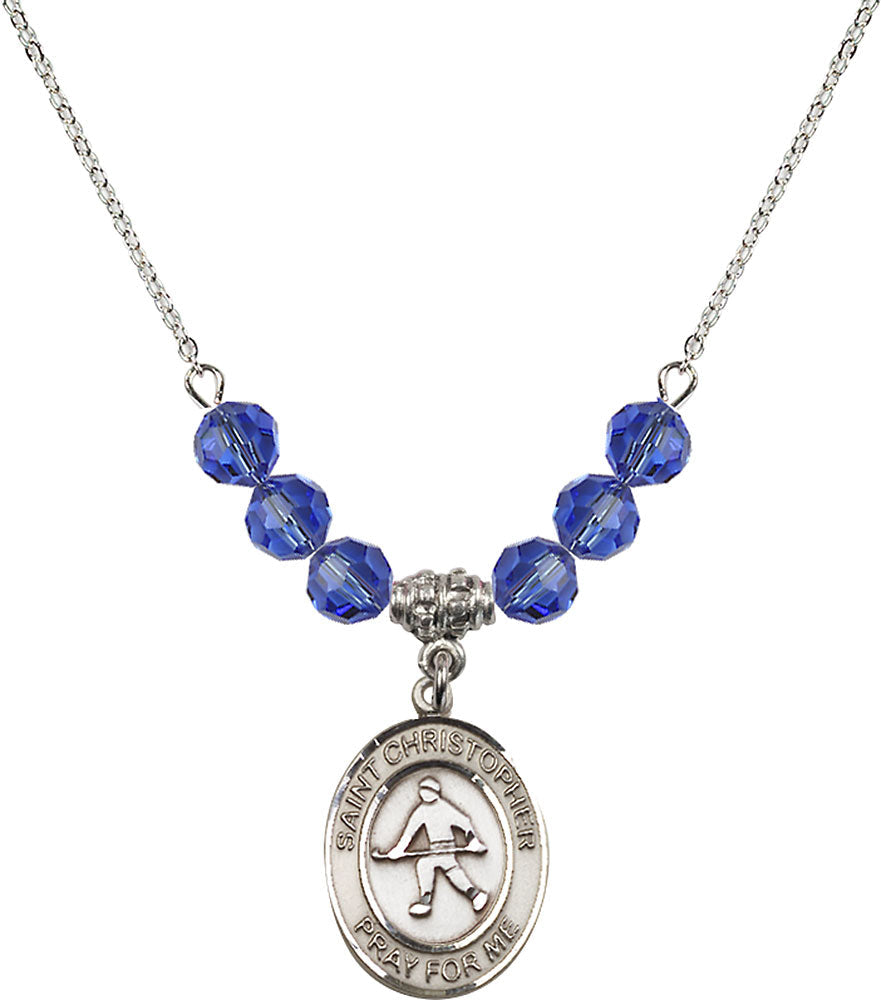 Sterling Silver Saint Christopher / Field Hockey Birthstone Necklace with Sapphire Beads - 8195