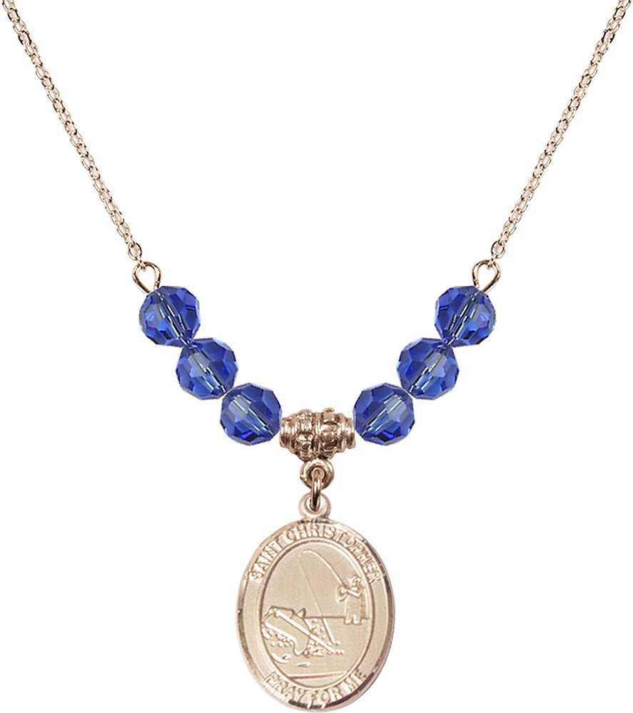14kt Gold Filled Saint Christopher / Fishing Birthstone Necklace with Sapphire Beads - 8196